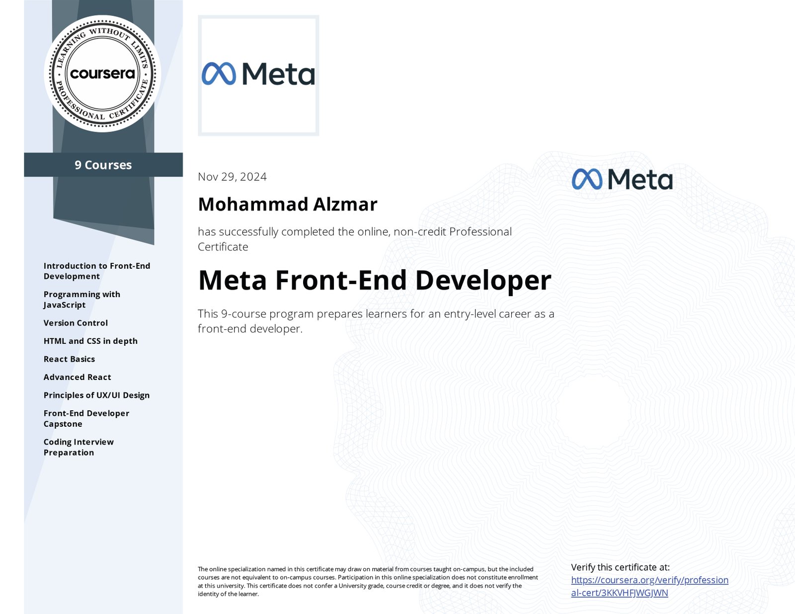 Front-End Developer Certificate